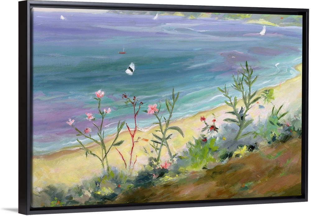 A landscape painting of wildflowers growing along the Grecian shore of a pastel colored sea.