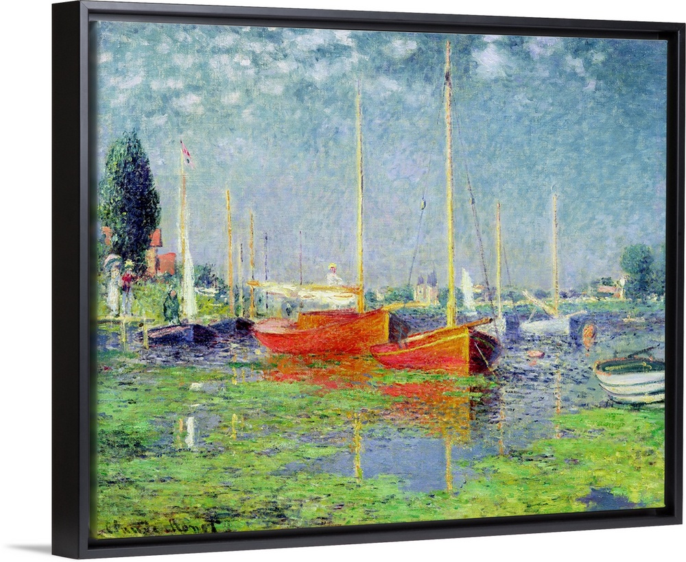 Oversized, horizontal, classic painting of numerous boats floating in calm waters of blue and green, beneath a sky with sm...