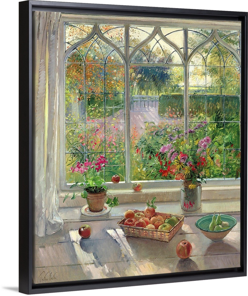 This large painting has fruit baskets and flower pots sitting on a window sill that looks out over a garden.