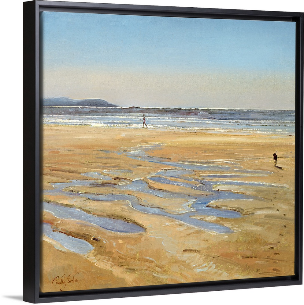 Contemporary artwork of a person walking along the water on the beach as their dog runs toward them. Puddles of water lay ...