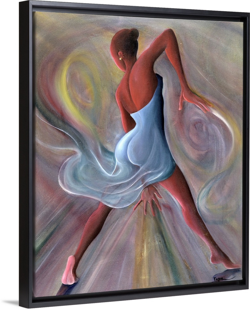 Giclee print of an oil painting of an African-American woman dancing and surrounded by swirls of color.