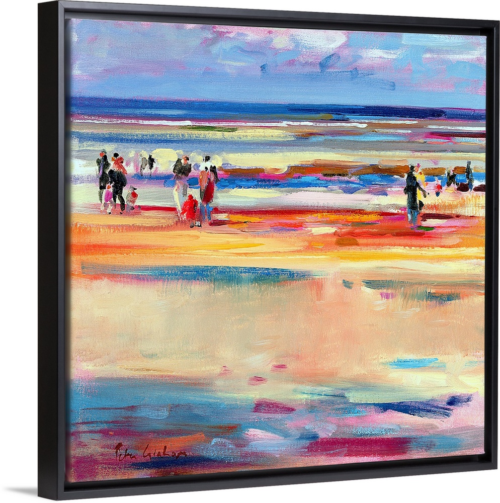 This contemporary abstract painting shows beach goers strolling up and down the shore of the seascape scene.