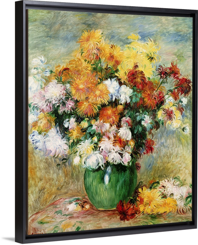 This classic still life painting from an Impressionist master shows numerous blooms of flowers in a vase created with long...