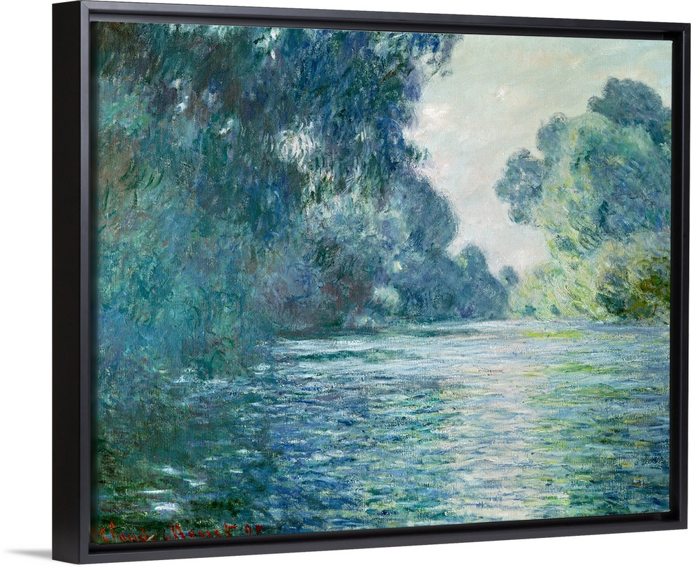 Oil painting of river with large trees and bushes on both sides that are reflected in the stream of water.
