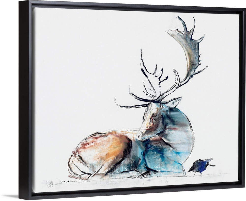 This large painting consists of a large buck curled up on the ground with a small bird just to the right of it.