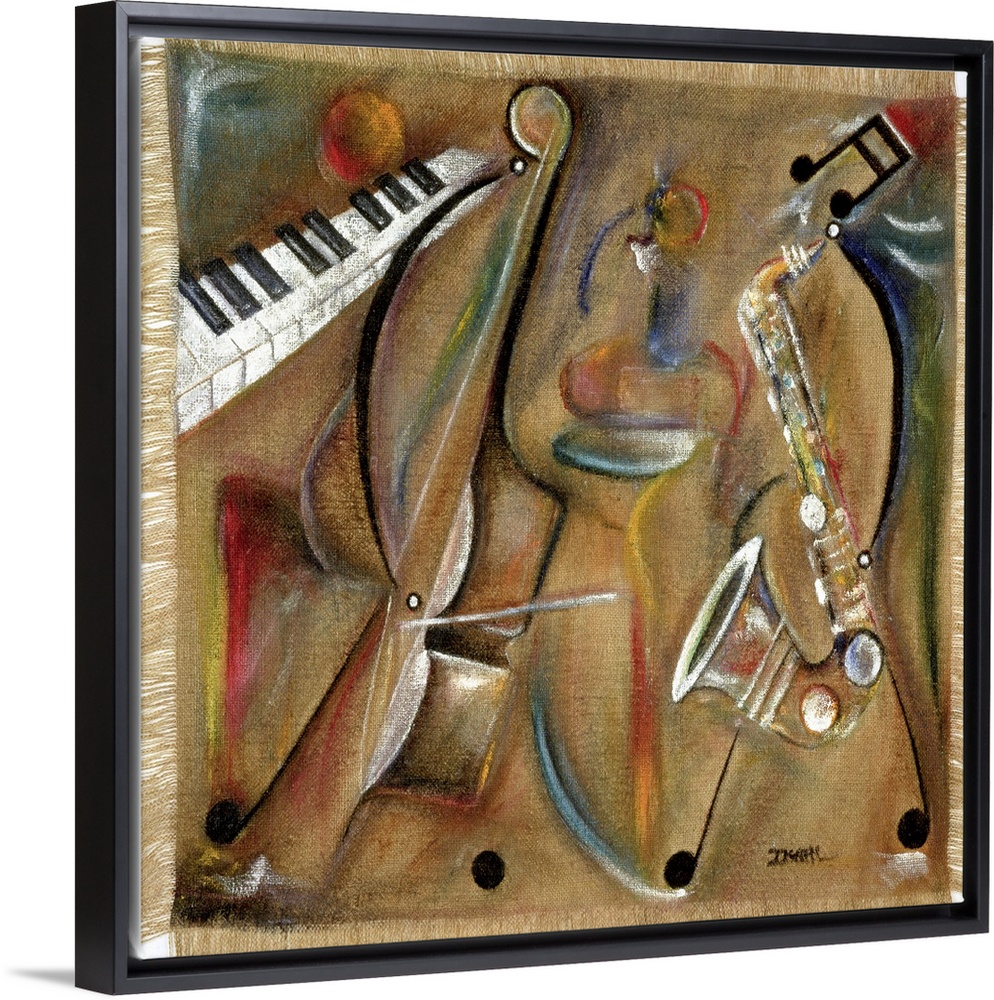 Contemporary painting of multicolored musical instruments with a burlap texture.