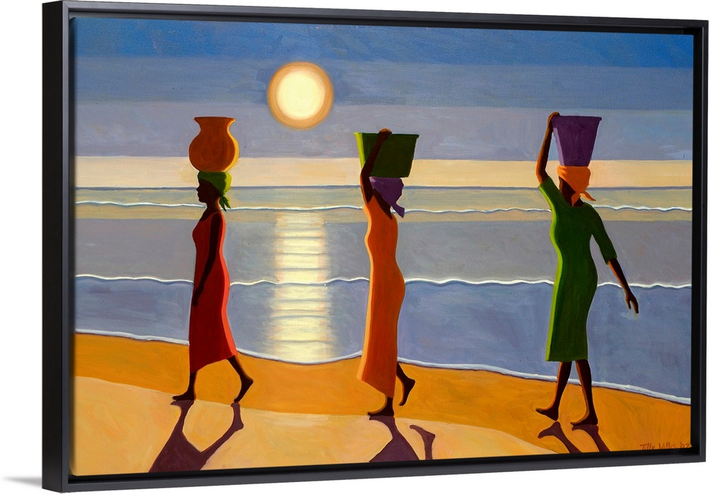 Large, horizontal oil painting of three women in dresses carrying baskets on their heads along a shoreline, beneath the se...