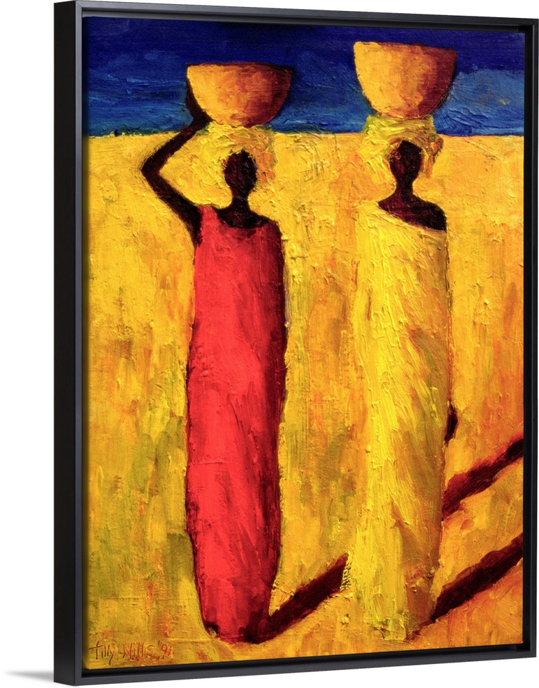 Contemporary oil painting of two African women walking while balancing bowls on their heads.