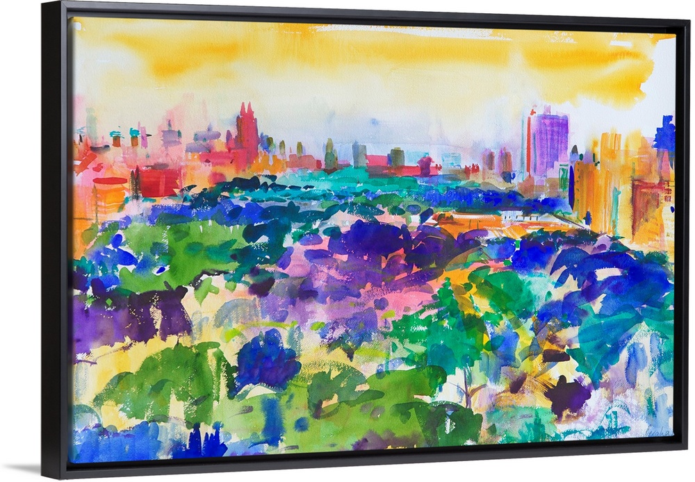 Contemporary abstract painting of Central Park with vibrant water colors.