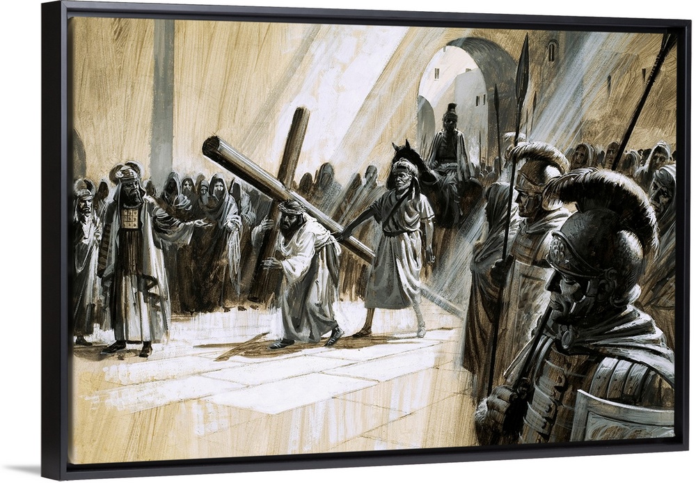 Classic artwork of Christ holding the cross as He is surrounded by soldiers.