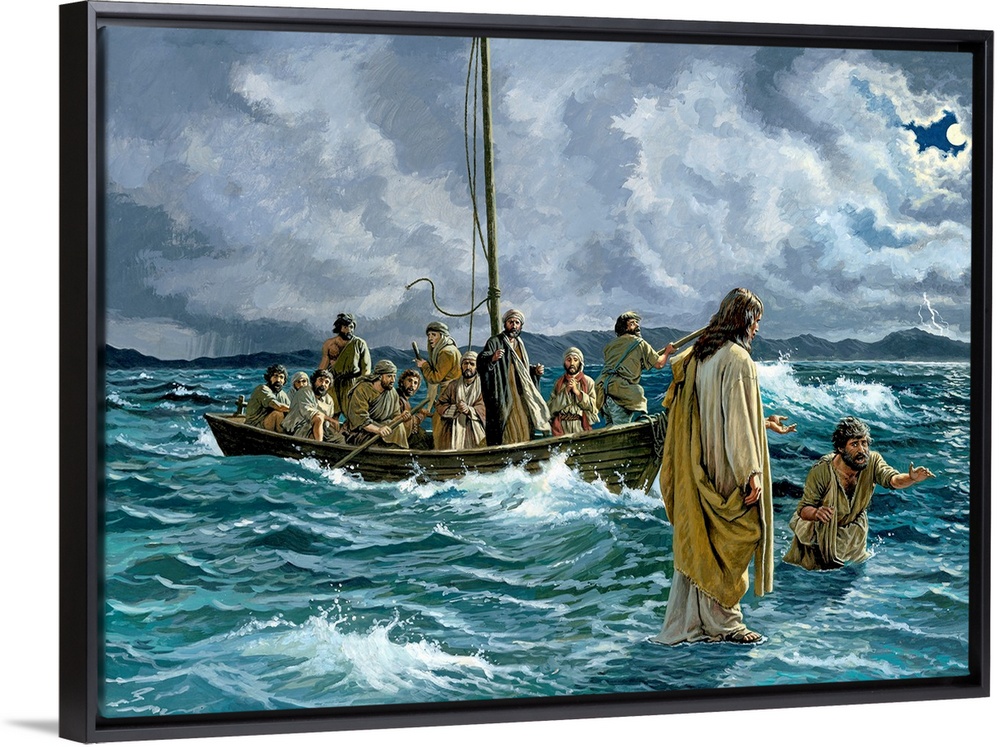 Painting of Jesus walking on water.  The disciples are in a boat and Peter is sinking as he walks toward the Savior.  Ther...