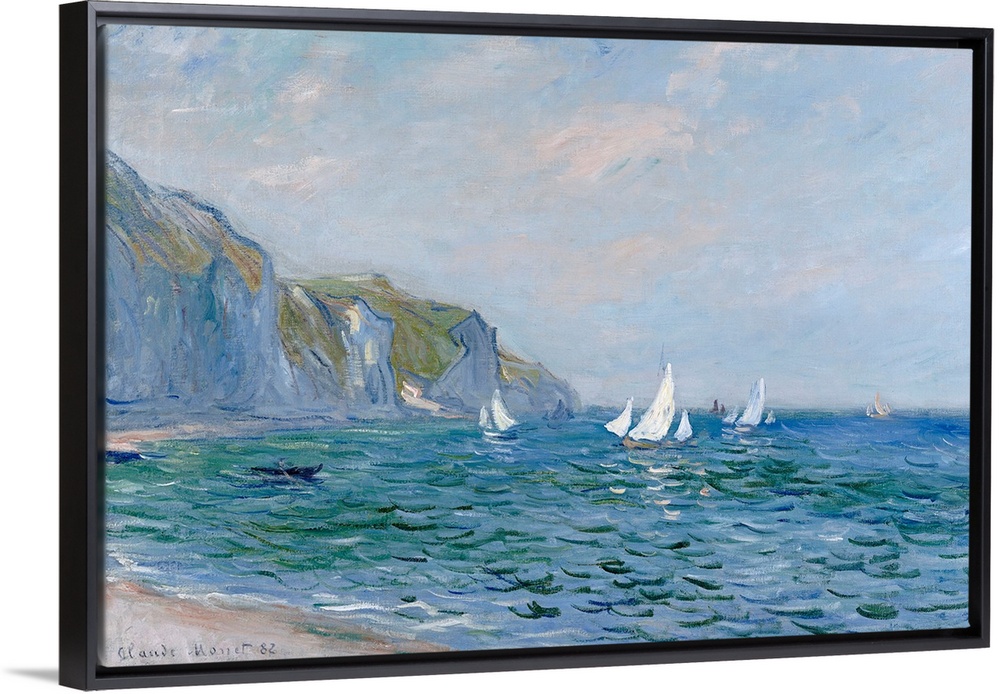 A landscape painting from a classic Impressionist master, this scene shows sail boats on the sea lined with steep cliffs.