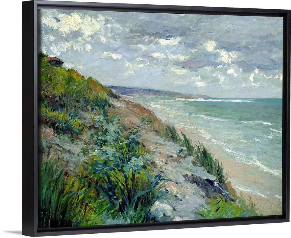 Impressionist landscape painting of the beach and a sea cliff covered in grass on a cloudy day.