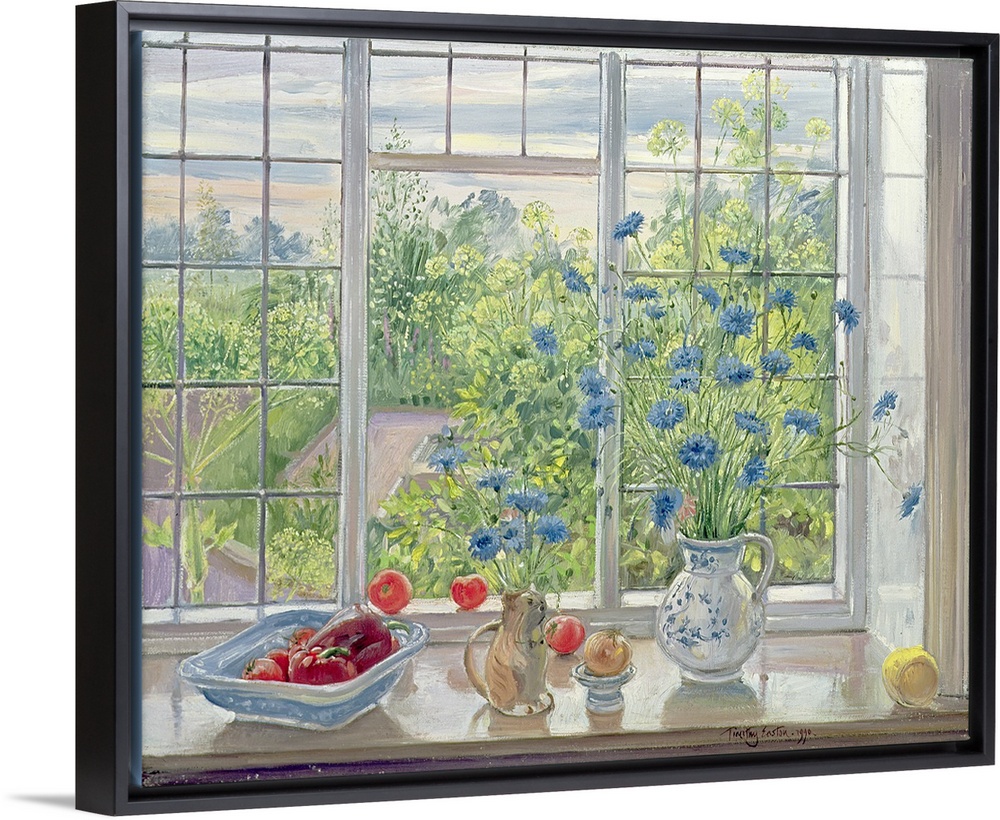 Painting of windowsill with flower vases and vegetables with garden.  A small garden is seen through the window.