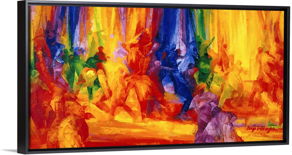 Large contemporary canvas art showing a number of dancers that are represented in a variety of vibrant and intense colors.