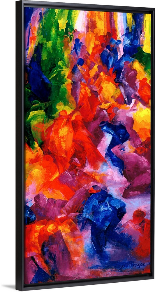A vertical painting of people dancing at a nightclub as abstracted colors and shapes.