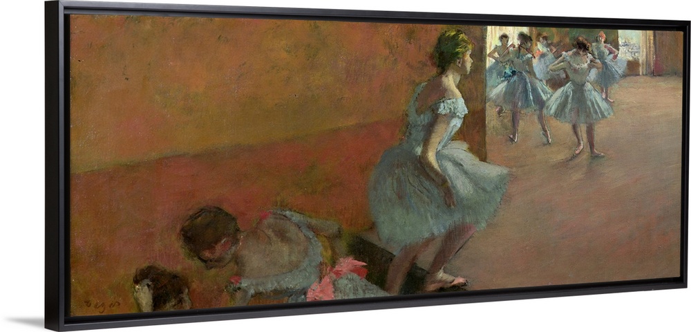 Painting by Edgar Degas of ballerinas practicing in a room while other dancers climb stairs to join them. Mixture of cool ...