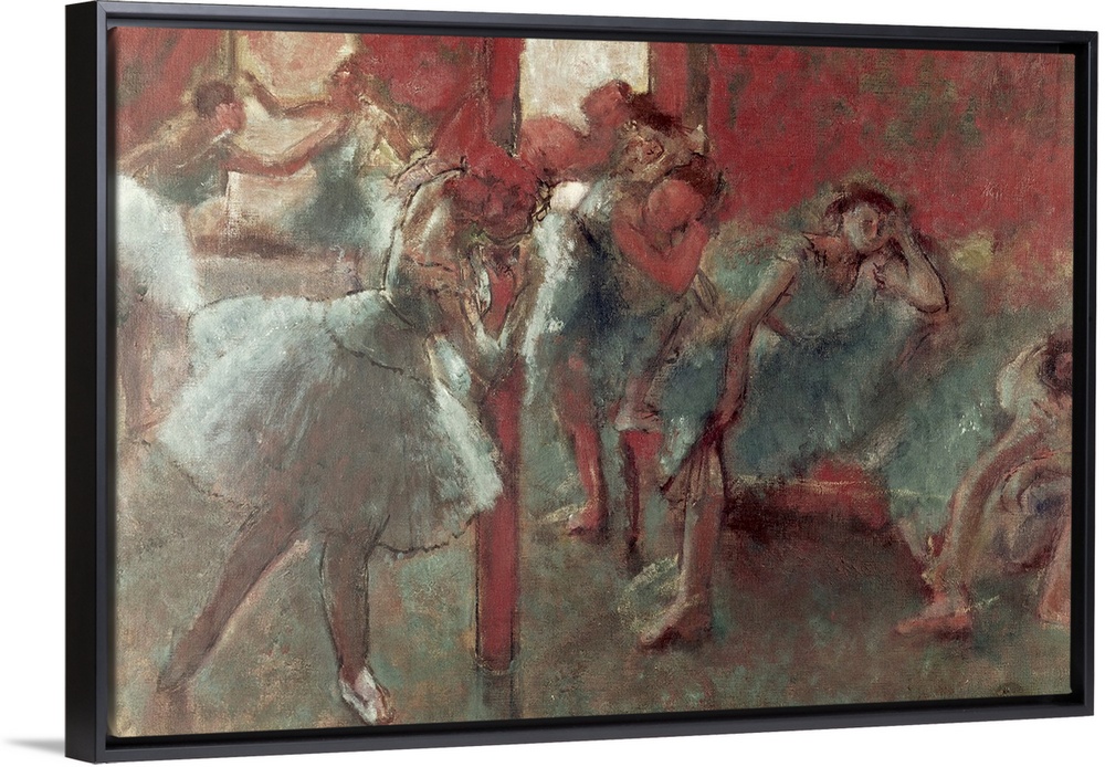 A large classic artwork piece of ballerinas in a dance studio with some practicing while others are sitting.