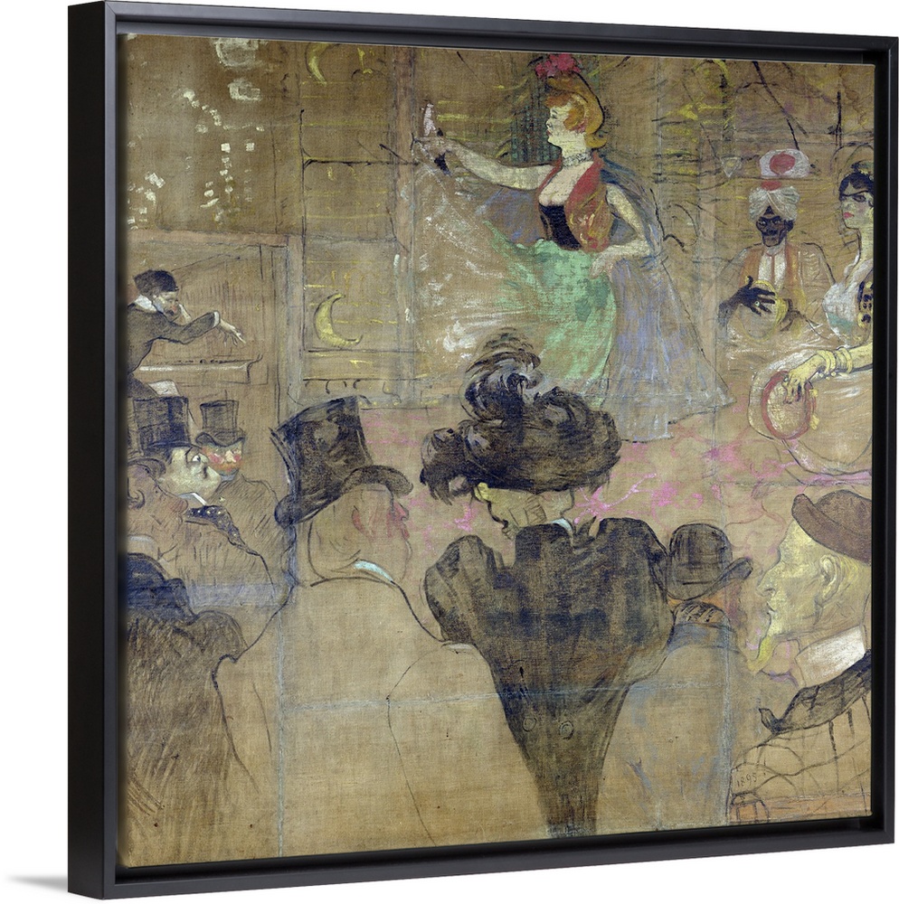 This square wall art is a painting of a cabaret dancer in a French nightclub surrounded by musicians and patrons in formal...