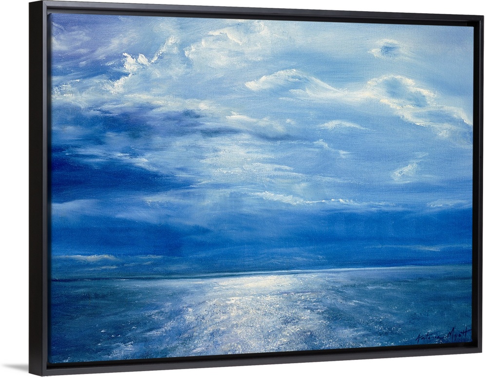 Big monochromatic contemporary art shows the glow of moonlight breaking through clouds and reflecting over a vast ocean sp...