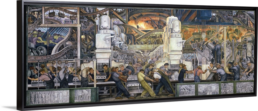 Landscape classic artwork on a large canvas of the North wall of the Ford Motor Company, featuring many men working on the...