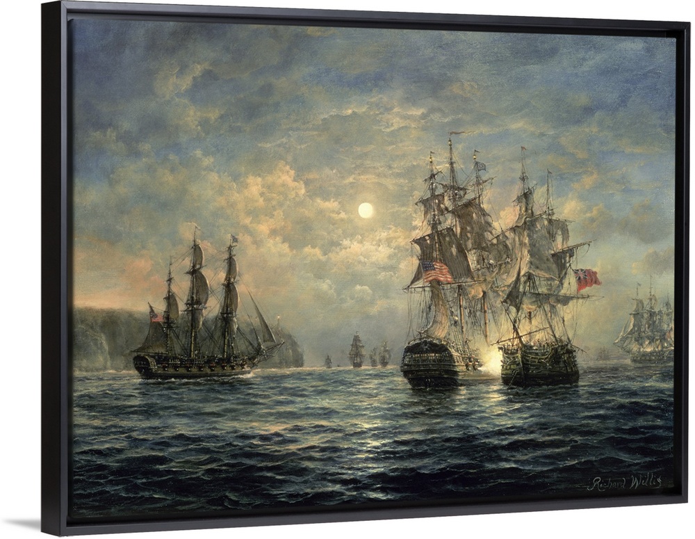 Large wooden ships sail in the rough ocean water under a cloud filled sky with the sun poking through.