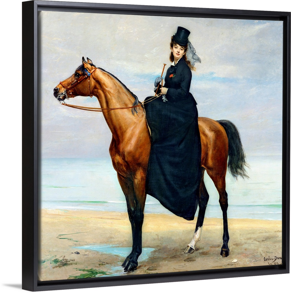 Large painting of a woman sitting on a horse along the ocean.