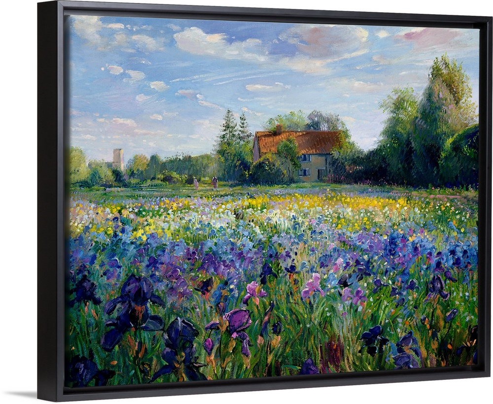 Painting of house surrounded by trees with forest in the background and colorful flower meadow in the foreground.