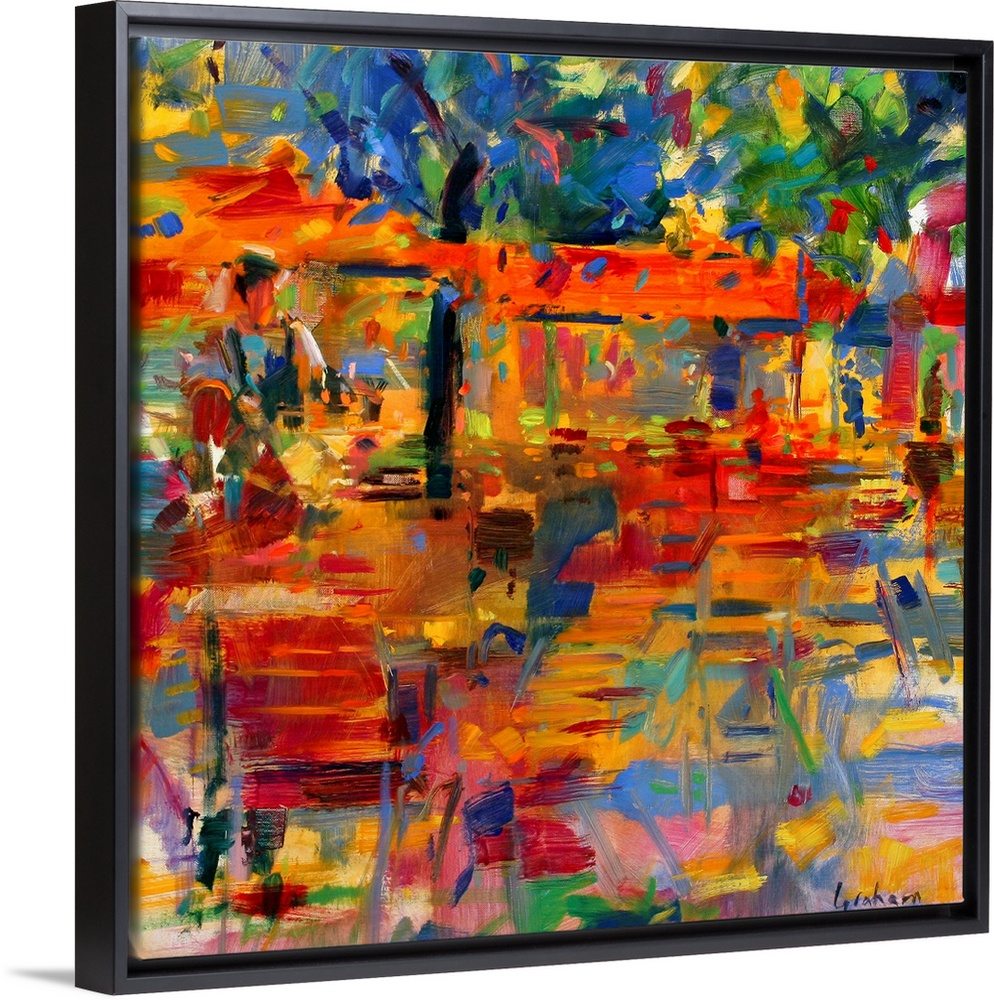 Square wall art for the living room or office of an abstract outdoor cafo tables under trees.