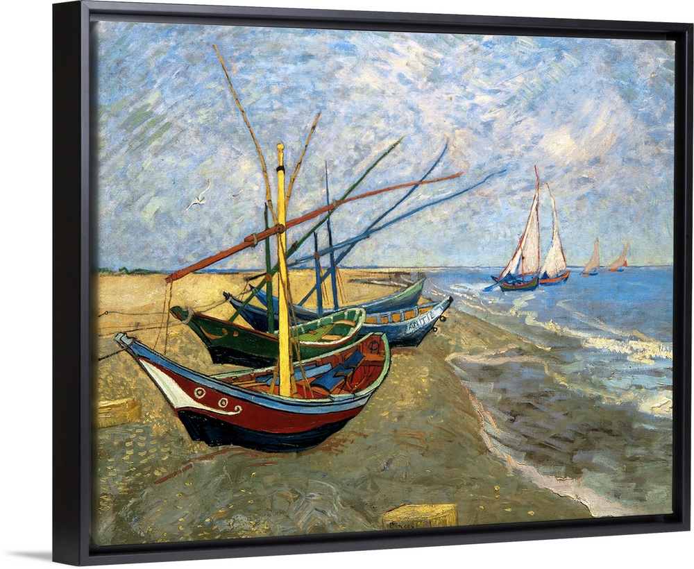 Classical painting of fishing vessels docked on sand with sailboats sailing just off the shore on a cloudy day.