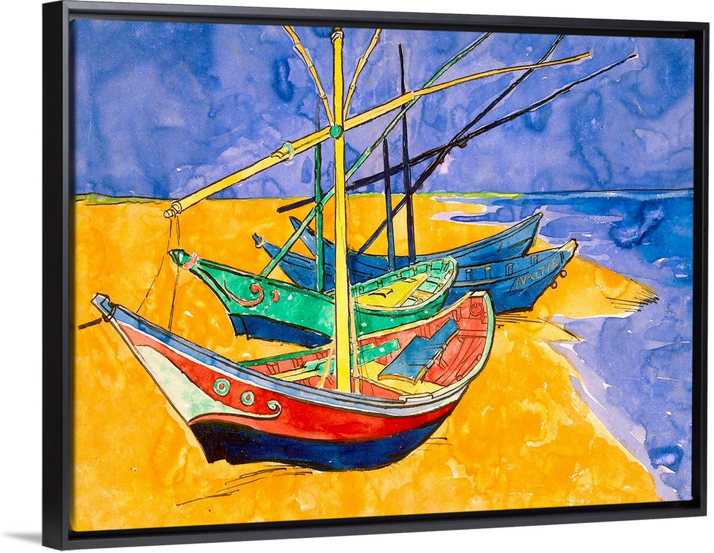 This Impressionist painting uses flat colors and line art show sail boats pulled up on the shore.