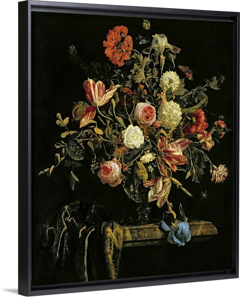 Flowers are painted growing out of a glass vase against a dark background. Some of the flowers are dying and drooping over...