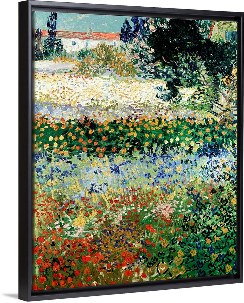Huge classic art portrays a large plot of land filled with a diverse array of brightly colored flowers that extend towards...