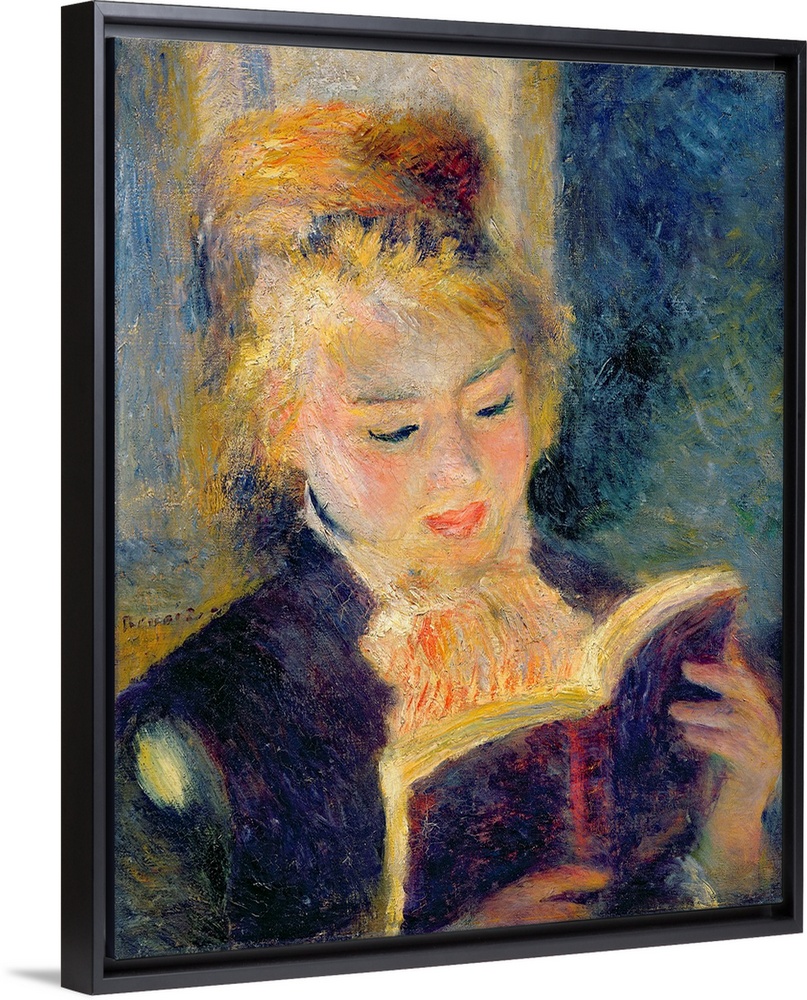 Portrait, classic art painting on a big canvas of a woman reading a book.  Painted with harsh, rough brushstrokes.