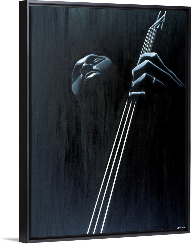 Big contemporary monochromatic art focuses on a close-up of a man playing the bass against a slightly rough background.