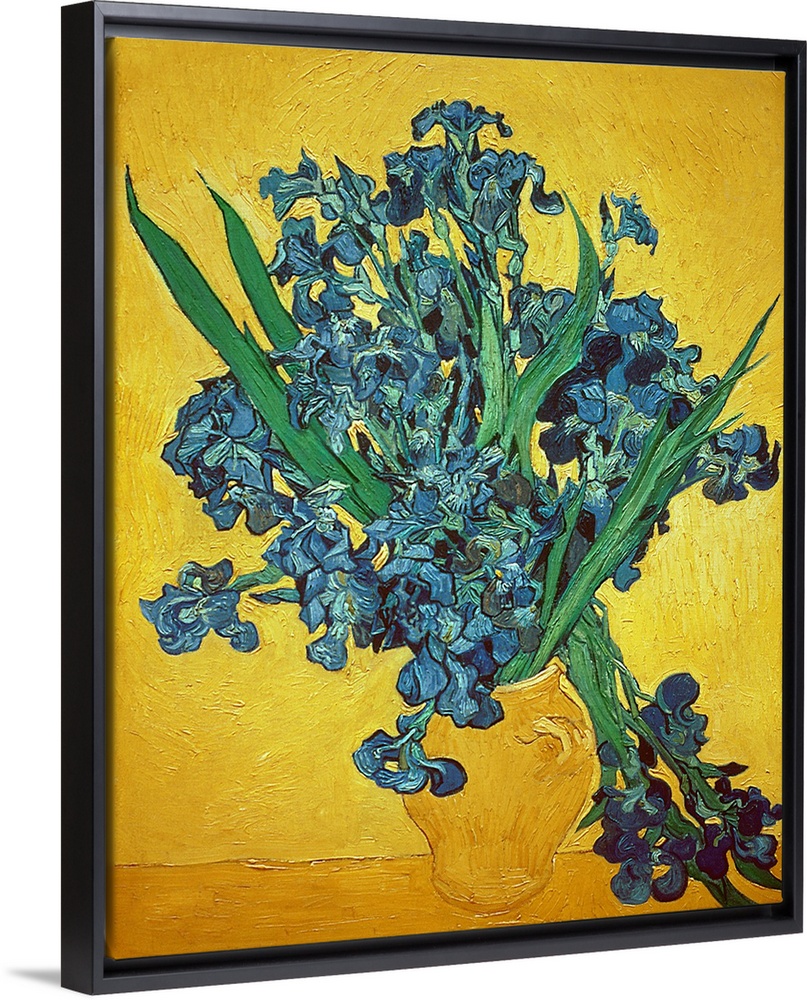 Painting of vase filled with flowers and tall leaves.