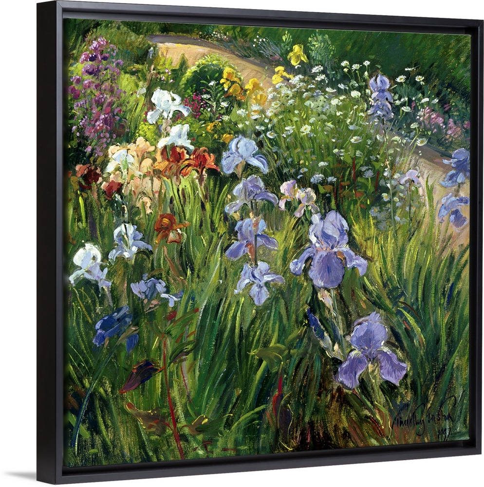 Large square floral art focuses on a variety of flowers at close range that includes irises and oxeye daisies against a ba...