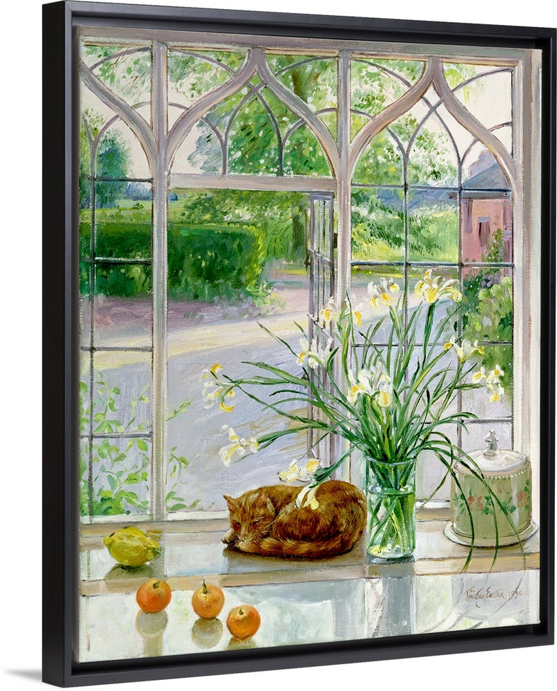Contemporary artwork of a large vase of flowers that stands in front of a big window with a cat curled up beside it.