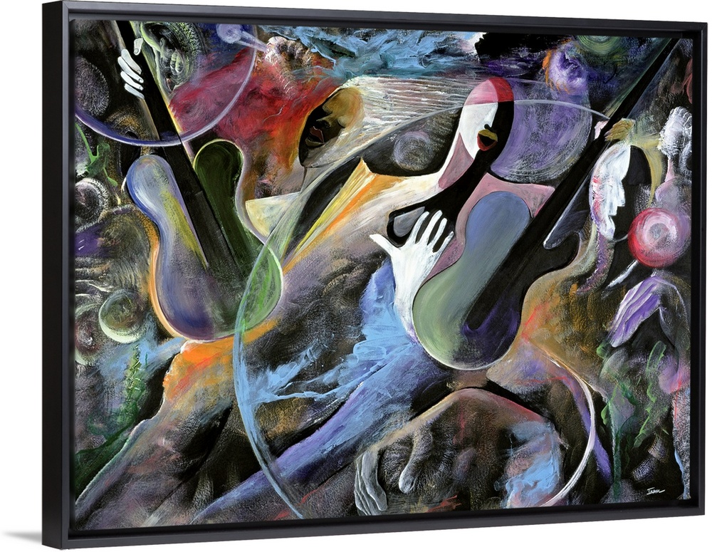 Contemporary, jazz inspired wall art of abstract figures playing string instruments in a night club.