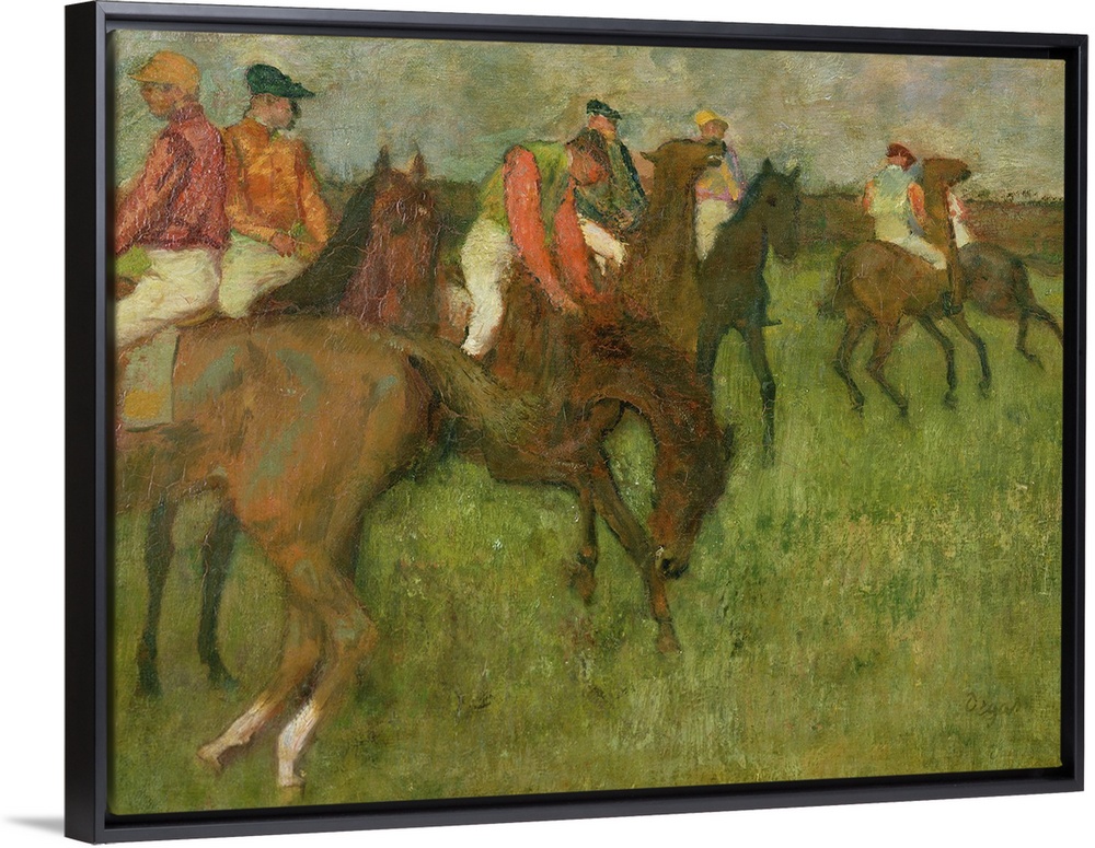 Edgar Degas painting of horses and horse racers in a field.