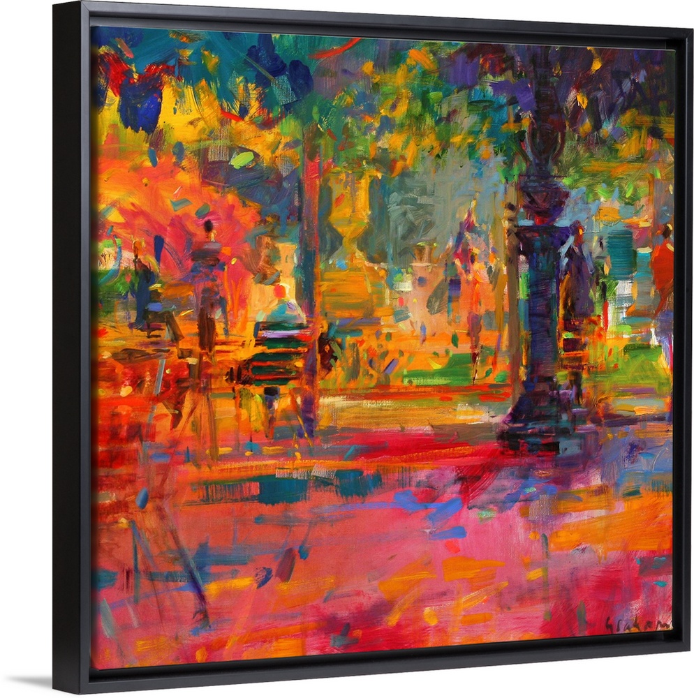 Large contemporary art shows people walking and sitting on benches within a park on a sunny day.  Artist uses short brush ...