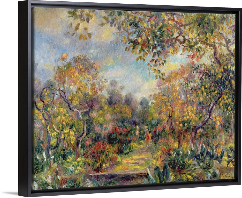 Oil painting of colorful forest on a sunny day.  There is a path grass covered path the leaves hanging overhead.