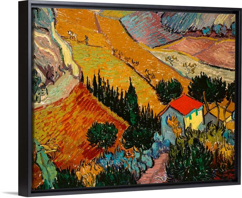 Big classic art depicts an aerial view of a man and horse plowing a field on a farm within a valley.  Surrounding the farm...