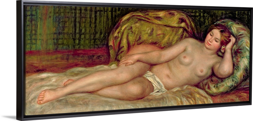 Large, horizontal classic painting of a nude woman lying on a bed, surrounded by pillows.