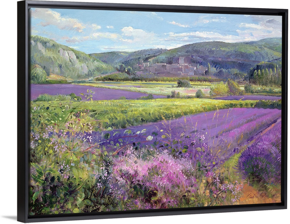 Big painting of fields of lavender with rolling hills in the background. Cooling tones are featured throughout the artwork.