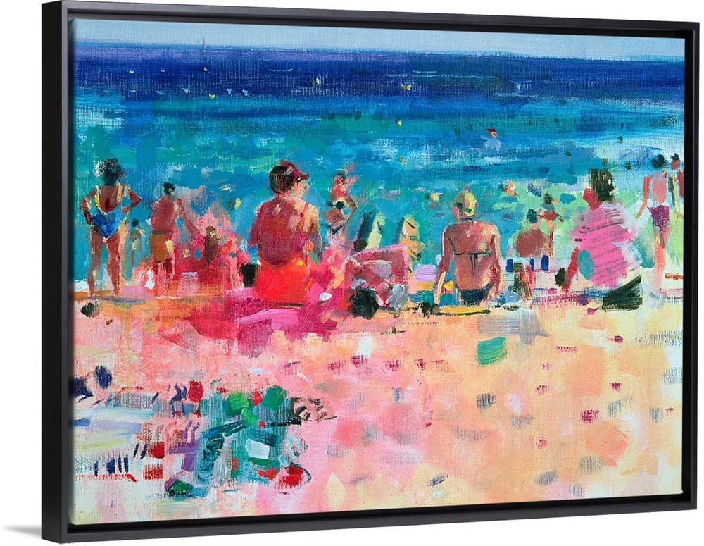 Large wall art of a crowded beach with people tanning on the sand as well as people swimming in the water.