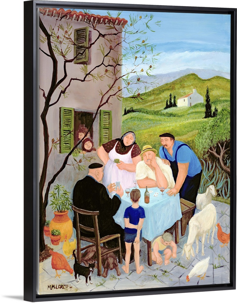 Contemporary painting of people eating outside on a Sunday morning.