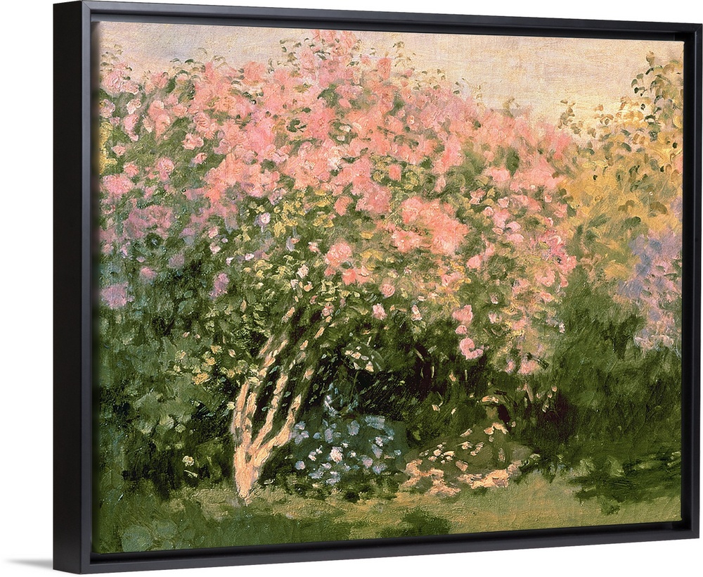 Giant classic art depicts a few lush trees enjoying the sunlight while surrounded by bushes and groups of flowers.  Artist...