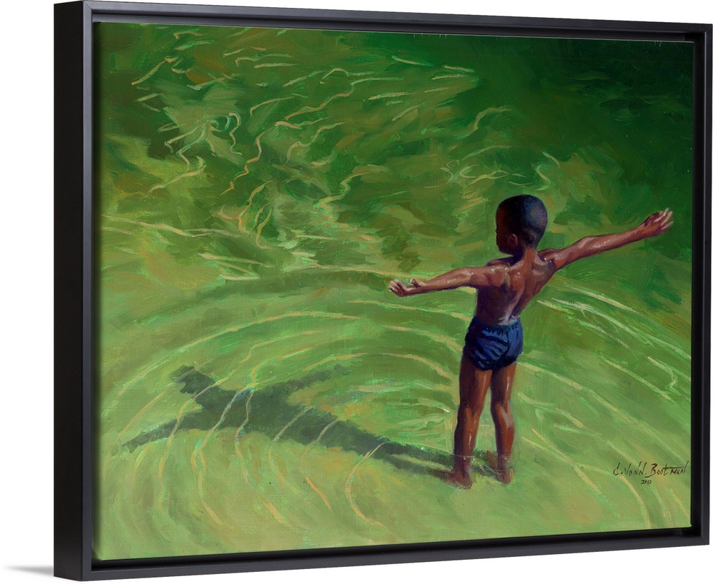 Contemporary painting of a young boy in shallow water looking at his shadow.