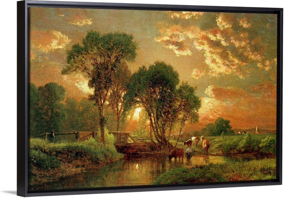 Landscape, classic art painting of cows drinking from a river at sunset, surrounded by trees, beneath a sky of billowing c...